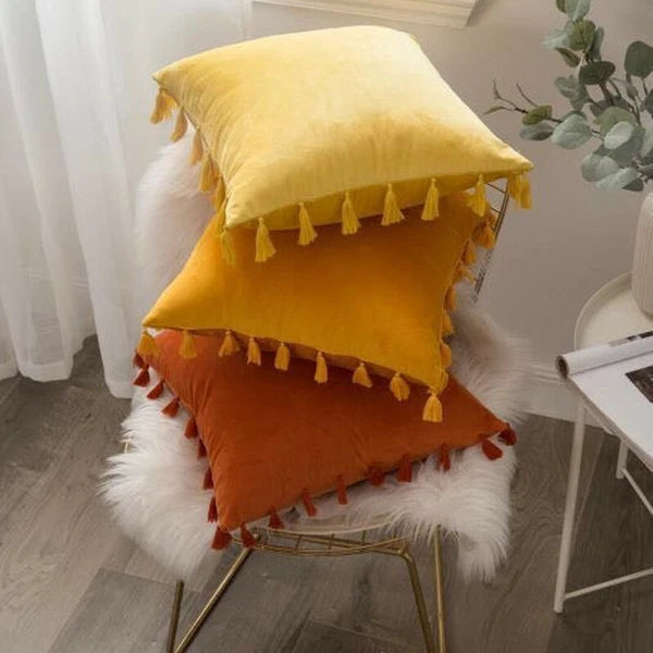 Tassel Velvet Sofa Pillow Cover Solid Plush Sofa Cushion Cover Fringe Pillowcase