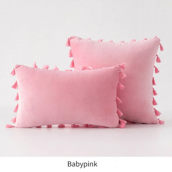 Tassel Velvet Sofa Pillow Cover Solid Plush Sofa Cushion Cover Fringe Pillowcase