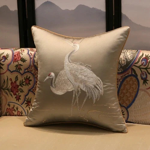 ChineseStyle Crane Hugging Pillowcase Living Room Sofa Embroidered Cushion Cover