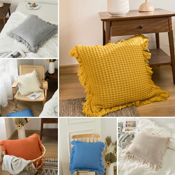 Pom Pom Cushion Cover Knitted Sofa Bed Throw Pillow Case Tassel Knit 45cm x 45cm