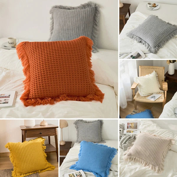 Pom Pom Cushion Cover Knitted Sofa Bed Throw Pillow Case Tassel Knit 45cm x 45cm